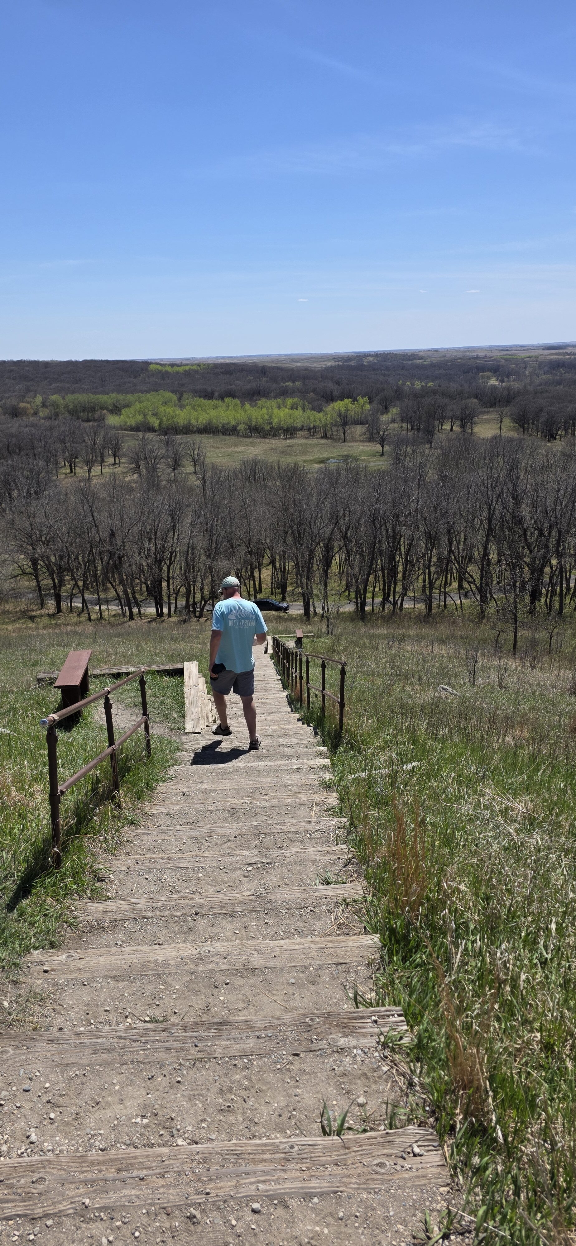 Walking down the stairs at White Horse Hill National Game Preserve in North Dakota